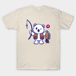 Cute Polar Bear Fishing With Fishing Rod And Fish Cartoon T-Shirt